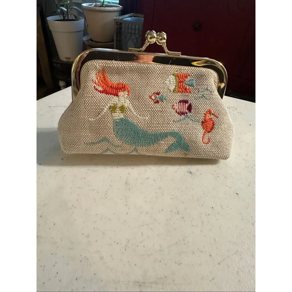 NWOT Spartina 449 Women's Beige Canvas Cordelia Under the Sea Mermaid Coin Purse